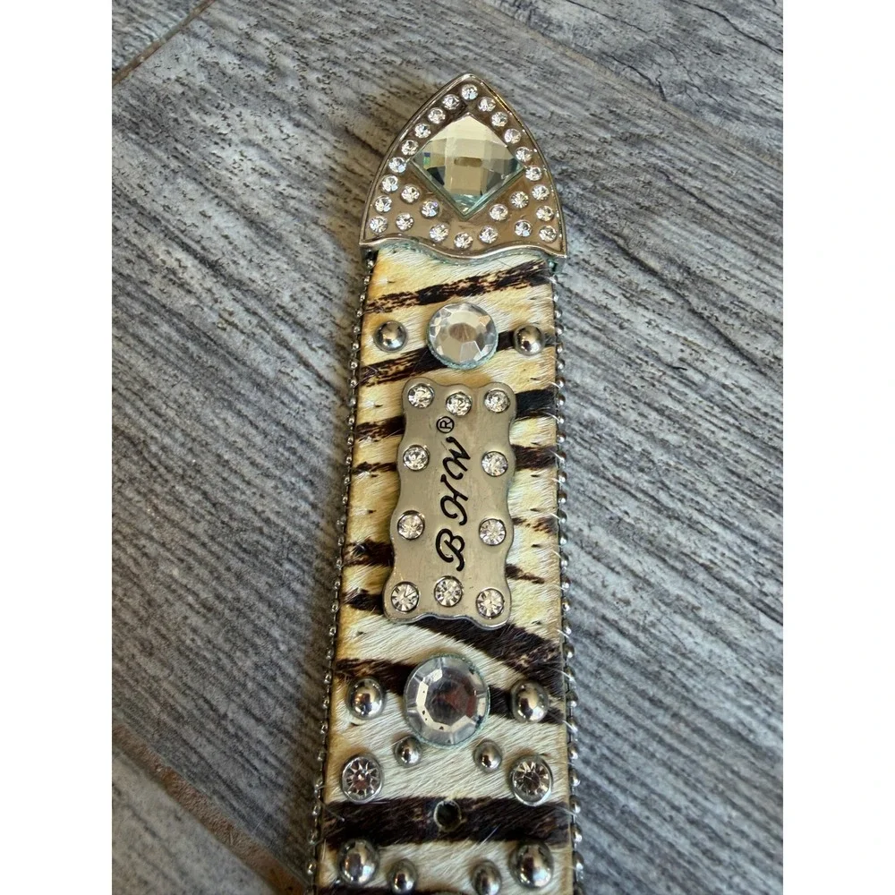 BHW Western Belt XL Zebra Print Rhinestone Extra Large Studded Calf Hair Leather
